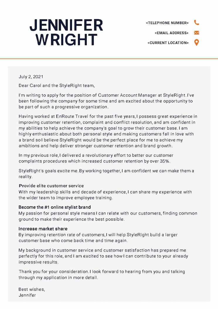 Example cover letter printed on stationary, to be used as a template for job seekers.