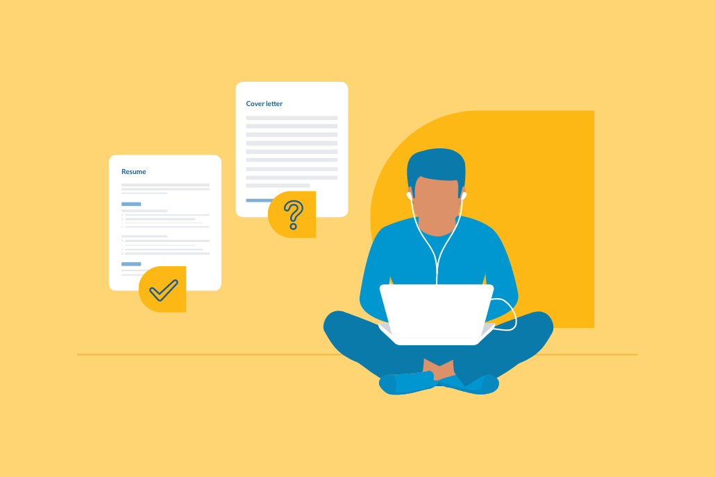 Job seeker writing a cover letter on a laptop, illustration graphic on a yellow background.