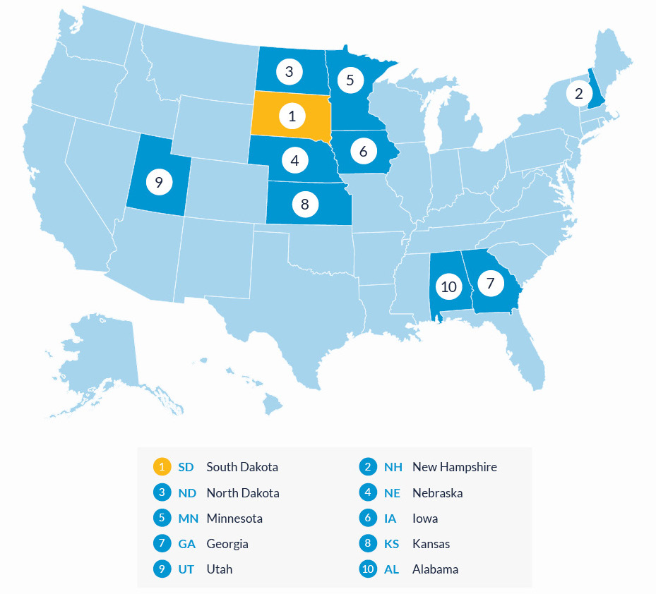 Map of the US showing the top ten states for job seekers.