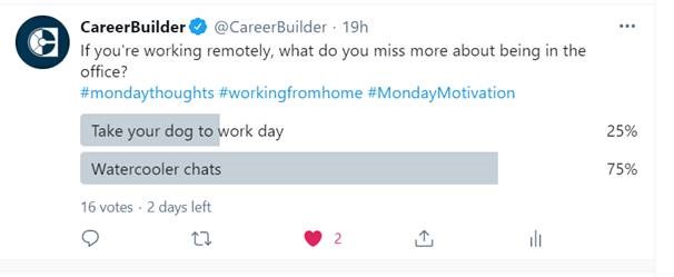 Twitter poll asking if you miss take your dog to work day or watercooler chats