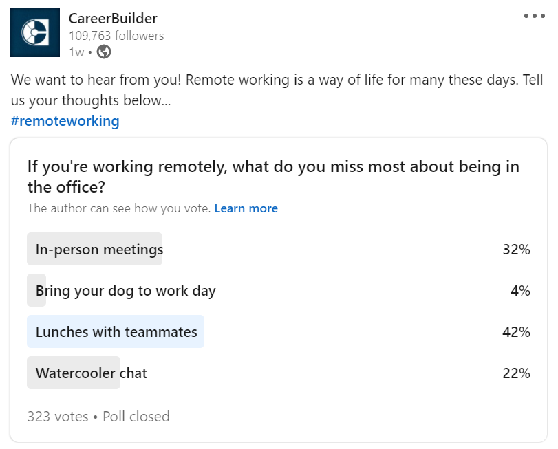 Twitter poll asking what do you miss about the office if you're working remotely?